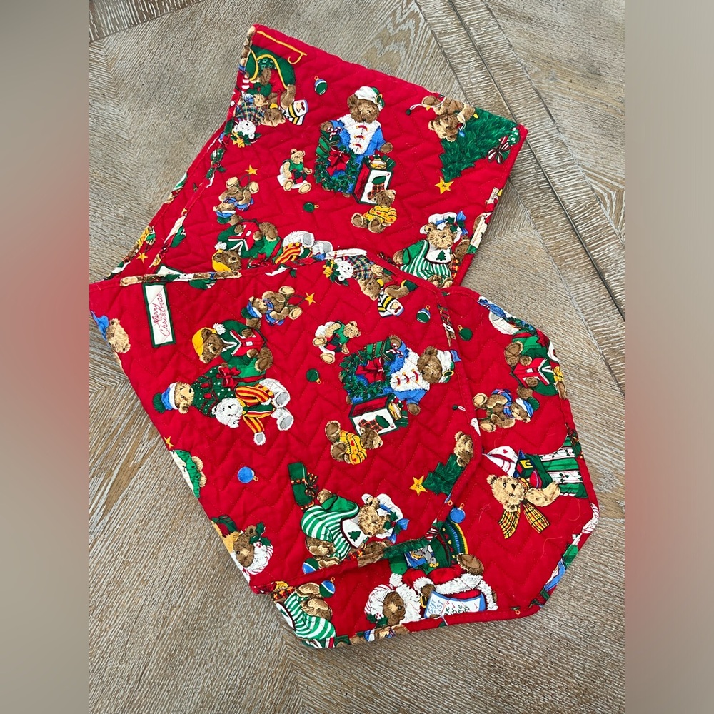 Christmas Quilted Teddy Bear TABLE RUNNER  64” X 12” Red